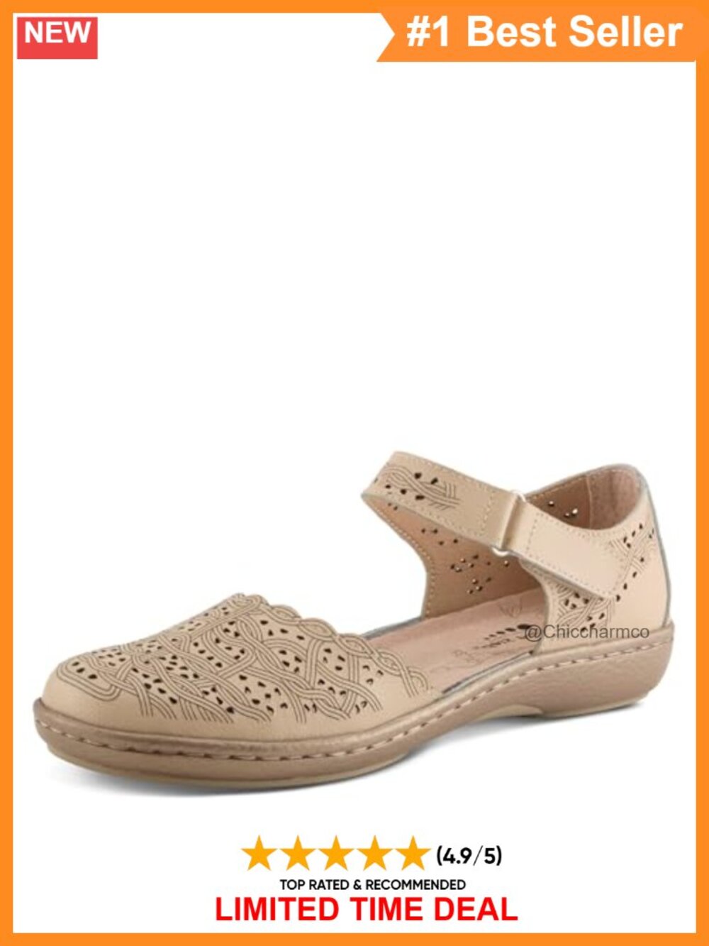 Leather Mary Jane Flats Laser Cut Hook Loop Comfort Almond Toe